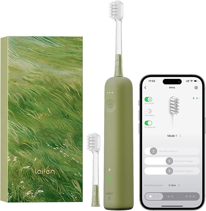 Laifen Wave Special Electric Toothbrush, New 2025 Version Oscillation & Vibration Sonic Electric Toothbrush for Adults with App, 2 Brush Heads, IP68 Waterproof Travel Powered Toothbrush (Meadow Green)