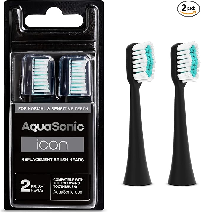 AquaSonic Genuine Icon Replacement Brush Heads | Compatible with AquaSonic Icon Toothbrush | 2 Brush Heads | for Normal & Sensitive Teeth (Onyx)