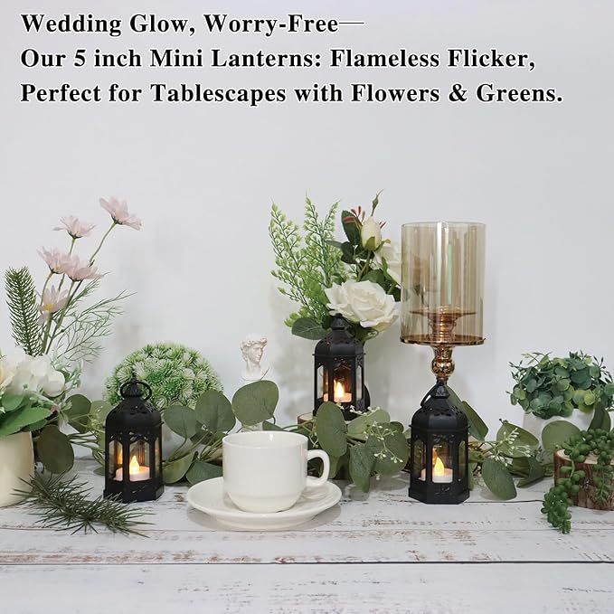LLQ 12Pcs Mini Lanterns with Flicker LED Candle, Lanterns Decorative Indoor, Lantern Centerpieces for Tables, Vintage Decorative Lantern for Party Ramadan Halloween Christmas Wedding Decorations