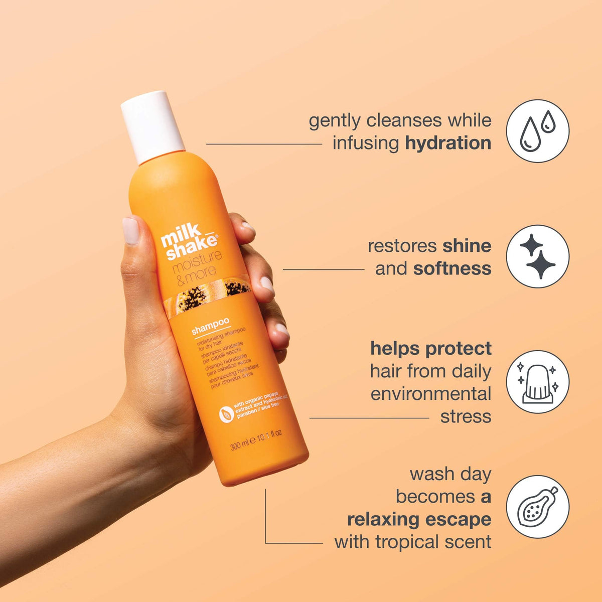 milk_shake moisture & more shampoo | daily hydration shampoo for smoother, healthier-looking hair | with milk proteins, fruit extracts & hyaluronic acid, 10.1 fl oz / 300 mL