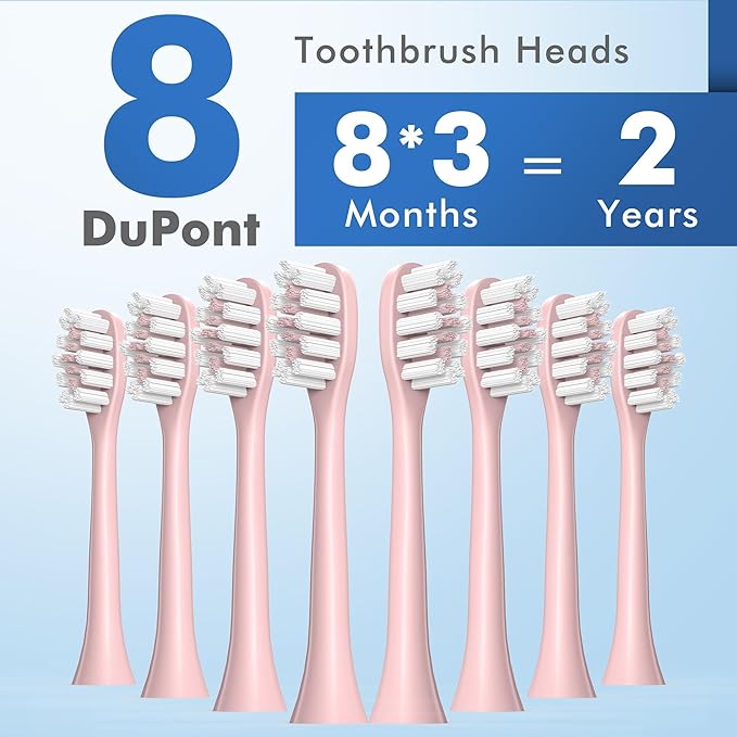 Pink Electric Toothbrush with 8 Brush Heads, Sonic Toothbrush with Fast Charge 4 Hours Last 60 Days, 2-Min & 30s Smart Timer, IPX7 Waterproof(Pink)