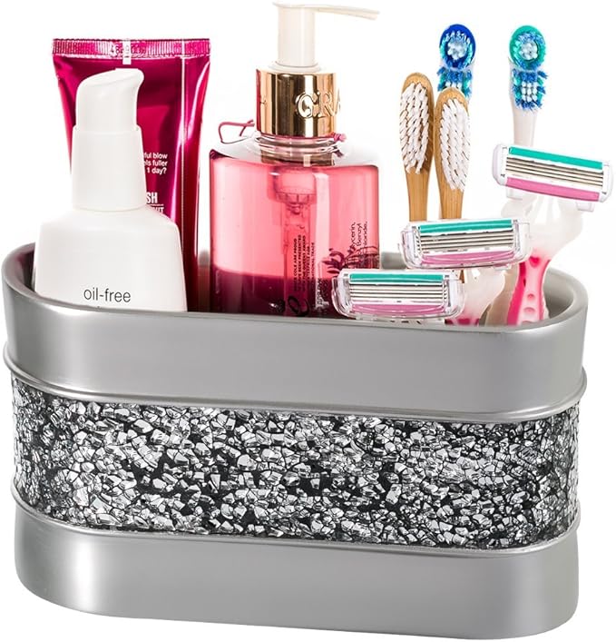 Crackled Glass Silver Toothbrush and Toothpaste Holder for Bathroom - Decorative Bathroom Counter Electric Toothbrush Organizer, 3 Slot, Makeup Brush Holder