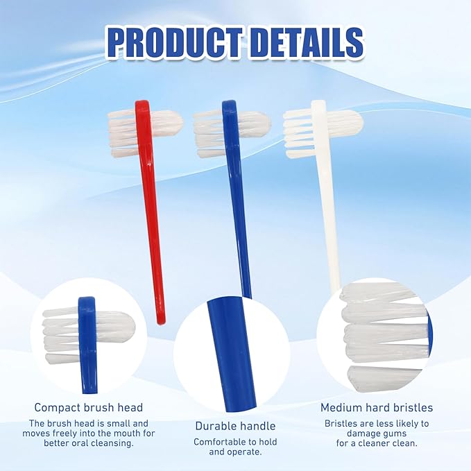12pcs Denture Brush Dual, Head Portable Firm Hard Bristle Denture Toothbrush,Denture Cleaning Brush Retainer Brush Dental Toothbrush for False Teeth, Clear Braces and Mouth Guards(White,Blue, Red）
