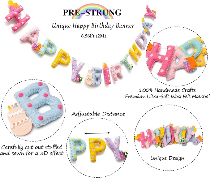 Updated Pre-Strung Handmade Wool Felt Pastel Happy Birthday Banner, Unique 3D Confetti Dots Happy Birthday Garland Decor, Reusable Happy Birthday Sign for Macaron Rainbow Party Backdrop Decorations