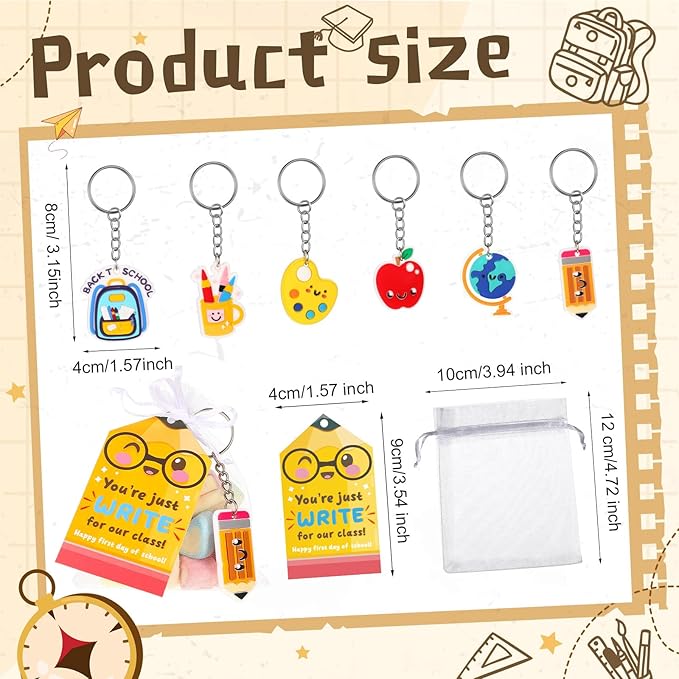 24 Set 100th Day of School Gifts for Student First Day of School Keychain Gift Set with Tags Organza Bags for Valentine Classroom Reward Gifts Schools Party Goodie Bag Stuffers
