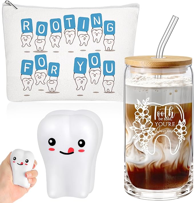 Sliner 3 Pcs Dental Hygiene Gifts Assistant Hygienist Gifts 16 oz Glass Cups Makeup Bag Teeth Stress Toy for Women Coworkers Nurse Dentist Retirement Graduation Christmas Birthday Gift(White)