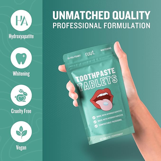 Ruut Toothpaste Tablets, Hydroxyapatite Remineralizing Eco Friendly Tablets, Fluoride Free Travel Tooth Tabs for Sensitive Teeth, Chewable Toothpaste Bites, Peppermint - 1 Month