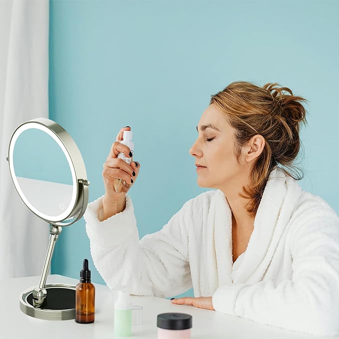 9" Large Lighted Makeup Mirror with 1X/10X Magnification, 4000mAh Rechargeable Vanity Mirror with Height Adjustable & 3 Color Dimmable Lights, 360°Swivel Double Sided Tabletop Cosmetic Mirror