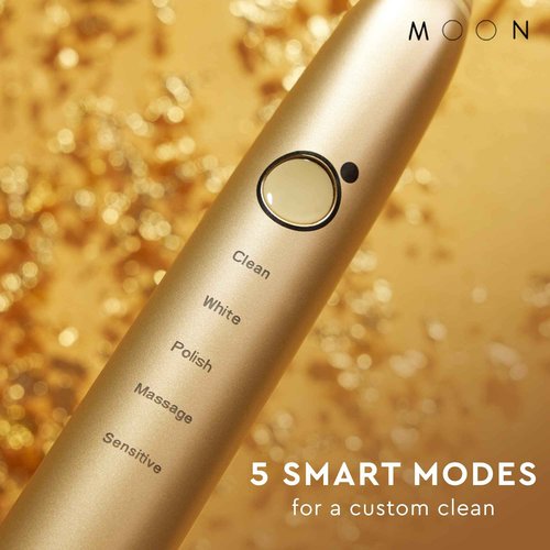MOON Sonic Electric Toothbrush for Adults & Teens, Gold, 5 Smart Modes, Clean, White, Massage, Polish & Sensitive, Rechargeable with Travel Case & 2 Brush Heads, Industry-Leading 6 Week Charge