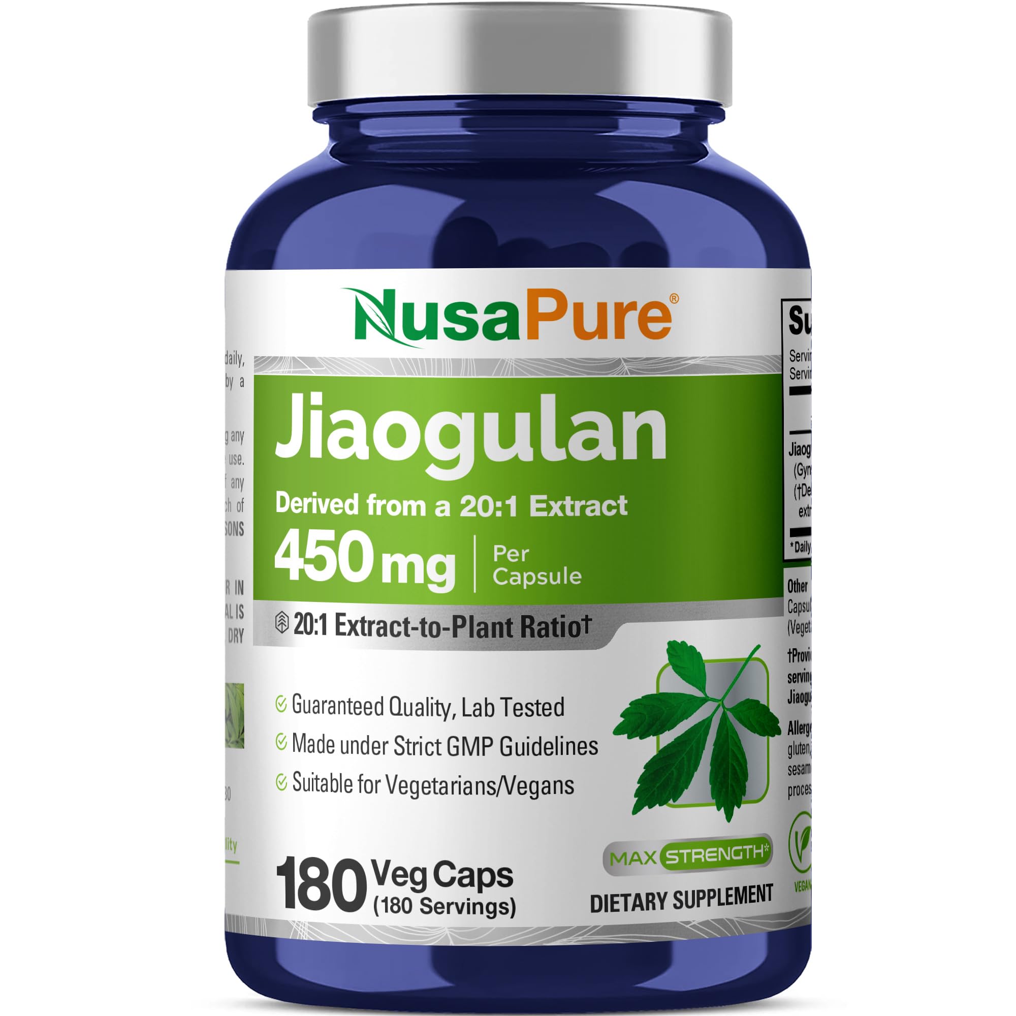 NusaPure Jiaogulan Capsules, 450 mg, 180 Veg Capsules (Non-GMO, Vegan)