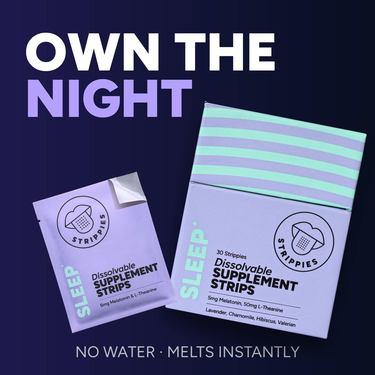 STRIPPIES Dissolvable Sleep Strips – Fast-Acting Melatonin 5mg with L-Theanine, Lavender, Chamomile, Hibiscus & Valerian – Natural Cranberry Flavor – 90 Strips