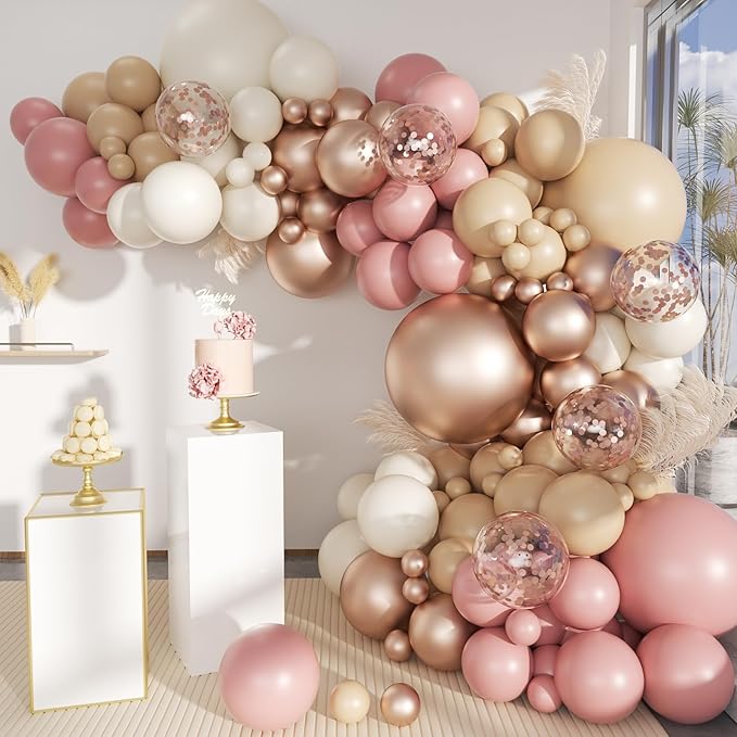 Boho Balloon Garland Arch Kit, 156Pcs Dusty Pink Pastel Brown Metallic Champagne Gold White Balloons for Wedding Baby Bridal Shower Engagement Anniversary Birthday Decorations