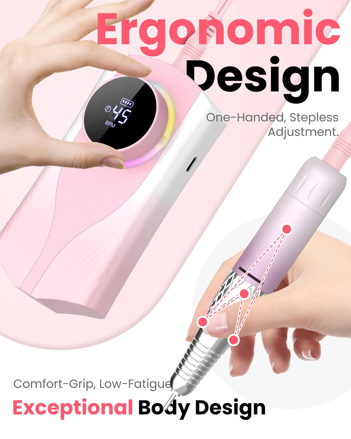 KISUFU Professional Nail Drill for Nail Technicians - 45000RPM Electric Nail File with 1800mAh Battery - Portable E-File with Digital Display and Belt Clip - Gradient Pink Manicure Set with 6 Bits.