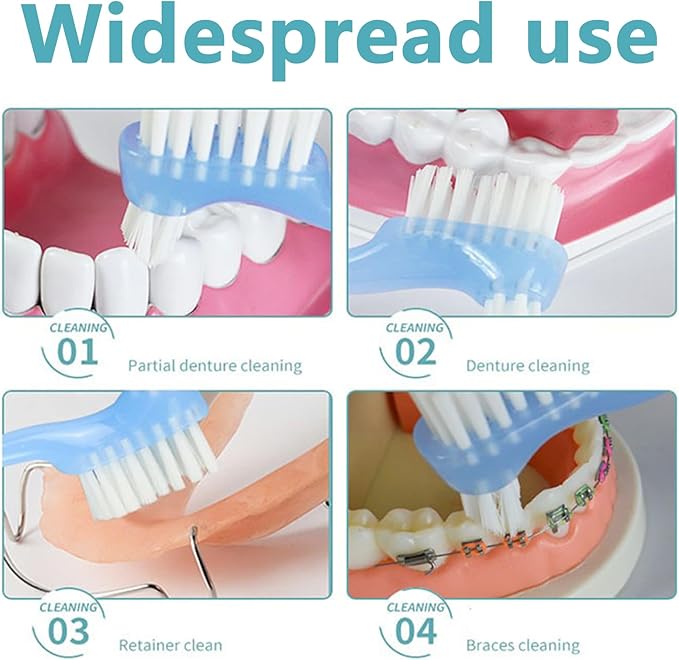 2-Piece Denture Cleaning Brush Set - Multi-Layered Bristles False Toothbrush with Ergonomic Handle and White Carrying Case for Fake Teeth Cleaning, Travel-Sized Oral Care Tool (Blue&Red, One Size)