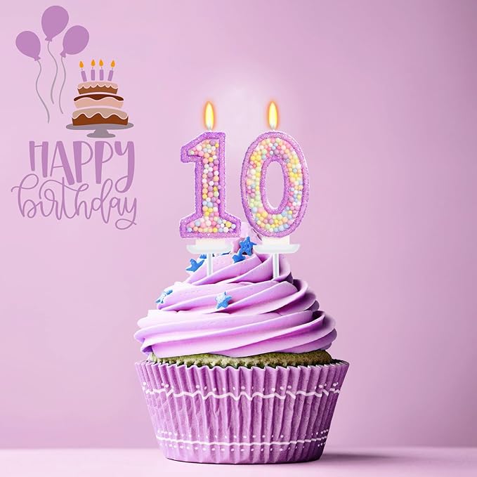 Purple Birthday Candles - Number 10 Candle, Colorful Macaron Candles, 10 Birthday Decorations for Girls, Purple Cake Decorations, Theme Party Supplies