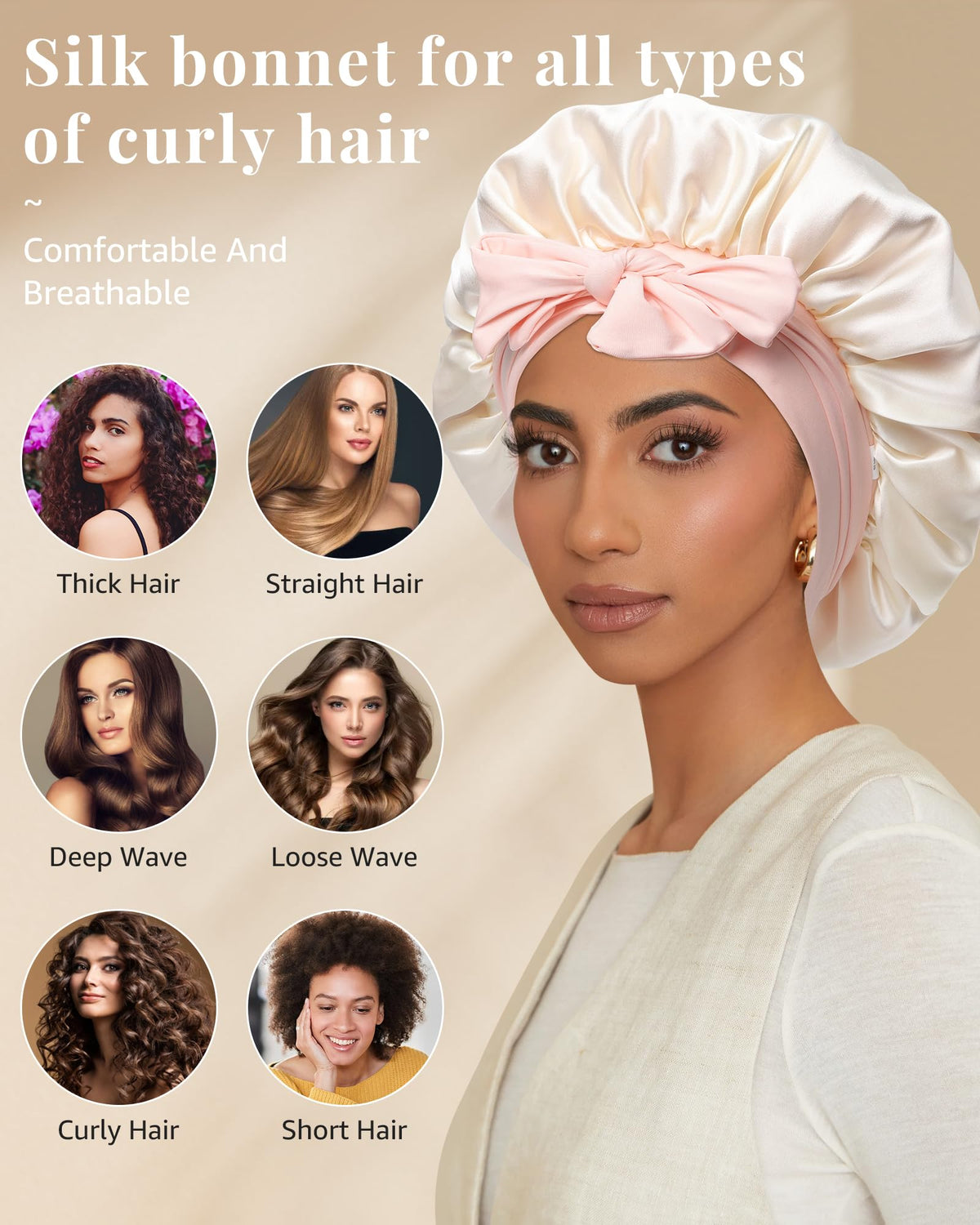 AWAYTR Silk Bonnet for Sleeping Women 100% Mulberry Silk Bonnet with Band 2 Layer Reversible Hair Bonnet Sleeping Hair Wrap (Pink/Beige)