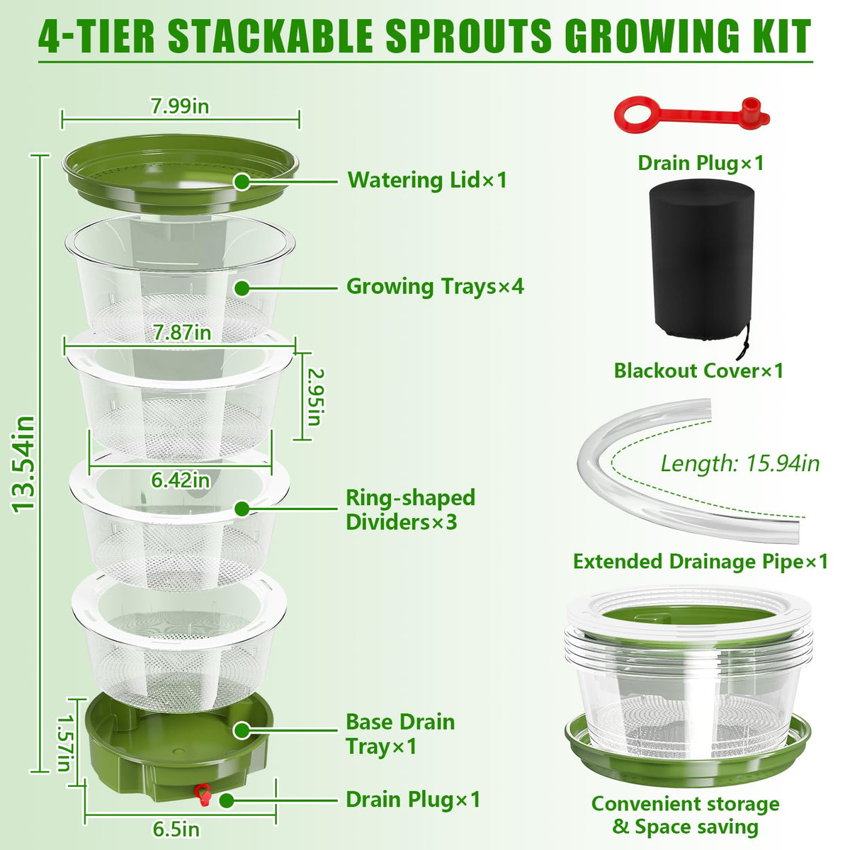 4 Tier Stackable Sprouts Growing Kit with Drain Hose, Microgreens Trays