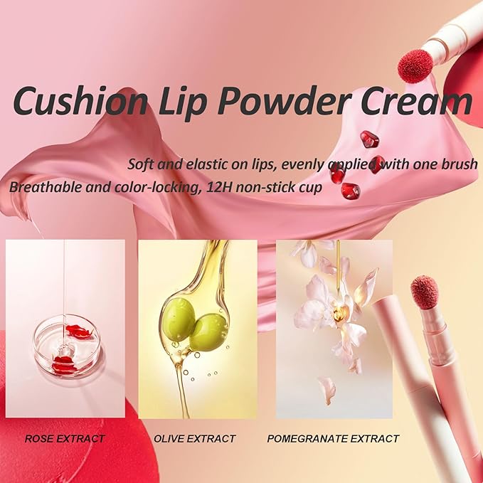 Cushion Lip Powder Cream, Matte Lip Cream - Long-Lasting & Smooth Skin, Non-Drying, Moisturizing Non-Fading Lipstick, CreaM Velvet Finish, Lightweight (N13 Tender peach pink)