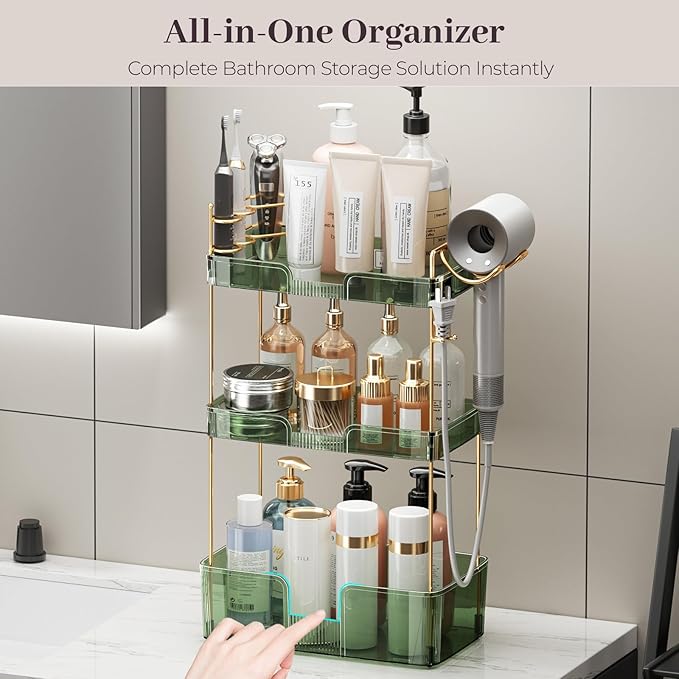 Aveniee Bathroom Counter Organizer,3 Tier Skincare Perfume Countertop Storage with Hair Dryer Rack and Toothbrush Holder, Cosmetic Makeup Tray for Vanity - Green
