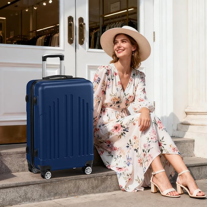 Karl home 28 Inch Check-in Luggage with Spinner Wheels, ABS Hardshell Checked Suitcase with TSA Lock, Durable Large Suitcase Rolling Luggage for Men Women, Navy Blue