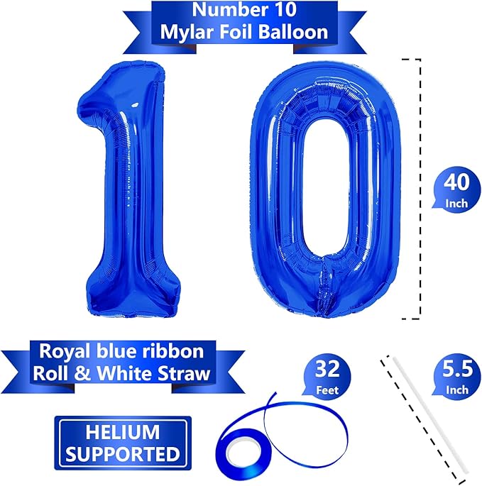 Number Balloons Navy Blue Balloons - Giant Number 10 Balloon, Blue 10th Number Balloon Birthday Decorations for Boys