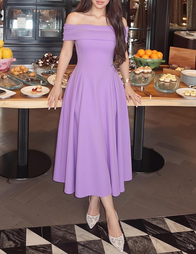 ZESICA Summer 2026 Cocktail Dresses for Women's Off Shoulder Short Sleeve Swing A Line Wedding Evening Party Midi Dress