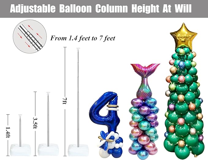 LANGXUN 2 Sets Adjustable 6ft DIY Balloon Column Stand Kits For Birthday Wedding Graduation Party Decorations, Christmas Balloon Decor
