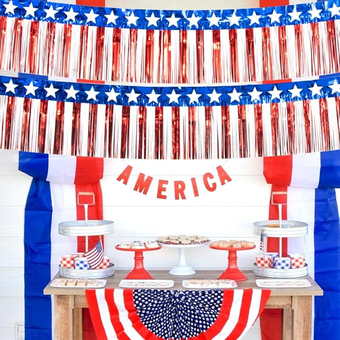 4 Packs 10 Feet Long Foil Fringe 4th of July Star Garland Memorial Day USA Red White Blue Independence Day Tinsel Metallic Streamers Patriotic Banner Car Parade Floats Garden Trailer Decor