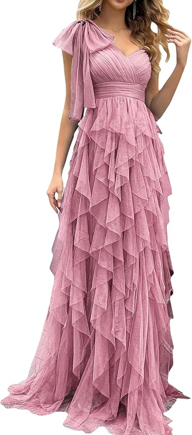 Summer Women Tulle Prom Dress Elegant Bow One Shoulder Slit Evening Party Gown Wedding Guest Bridesmaid Maxi Dress