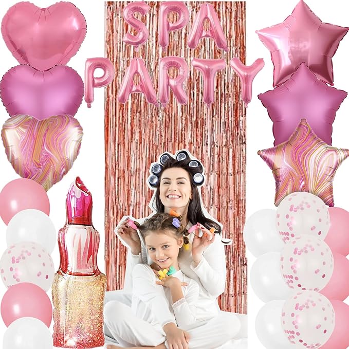 46 Pieces Spa Party Decorations Balloons Spa Theme Birthday Party Supplies Lipstick Cosmetics Balloons Foil Fringe Curtains for Girls Spa Day Makeup Party (Light Pink)