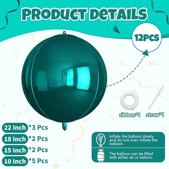 12Pcs Dark Green Round Balloons Foil, 22" 18" 15" 10" 4D Sphere Shaped Balloon Different Size, Large Metallic Green Balloons for Wedding Prom Jungle Baby Shower Birthday Party Decorations Backdrop