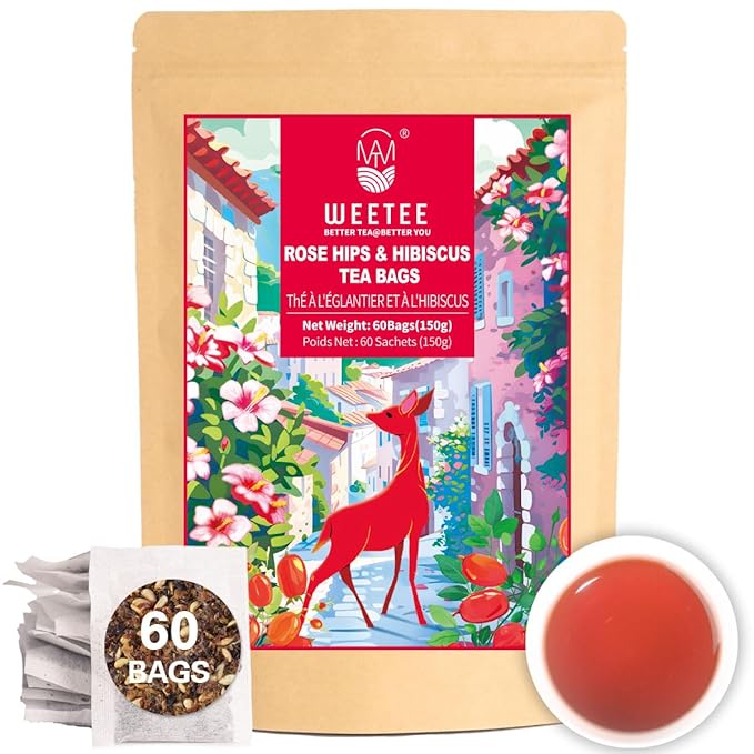 WT WEETEE Rosehips Hibiscus Tea Bags, Made with Rosehip & Hibiscus Flowers, Natural Caffeine-free Herbal Tea 2.5g x 60 Counts