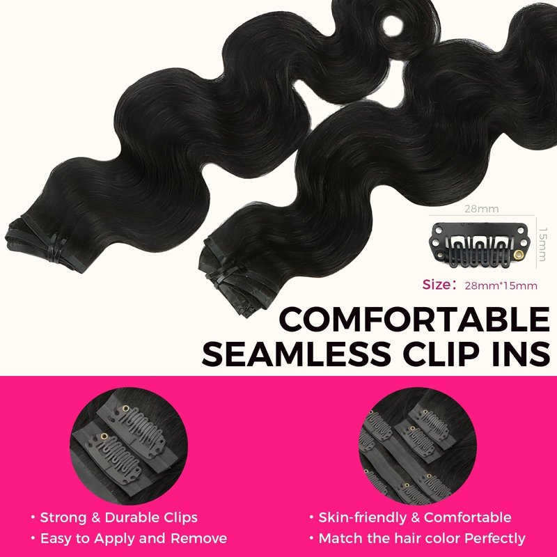 Lashey Seamless Clip in Hair Extensions Remy Human Hair Extensions, 110g 7pcs Body Wave Natural Black Clip in Hair Extensions Real Soft Human Hair Natural Black Human Hair Extensions 14 Inch
