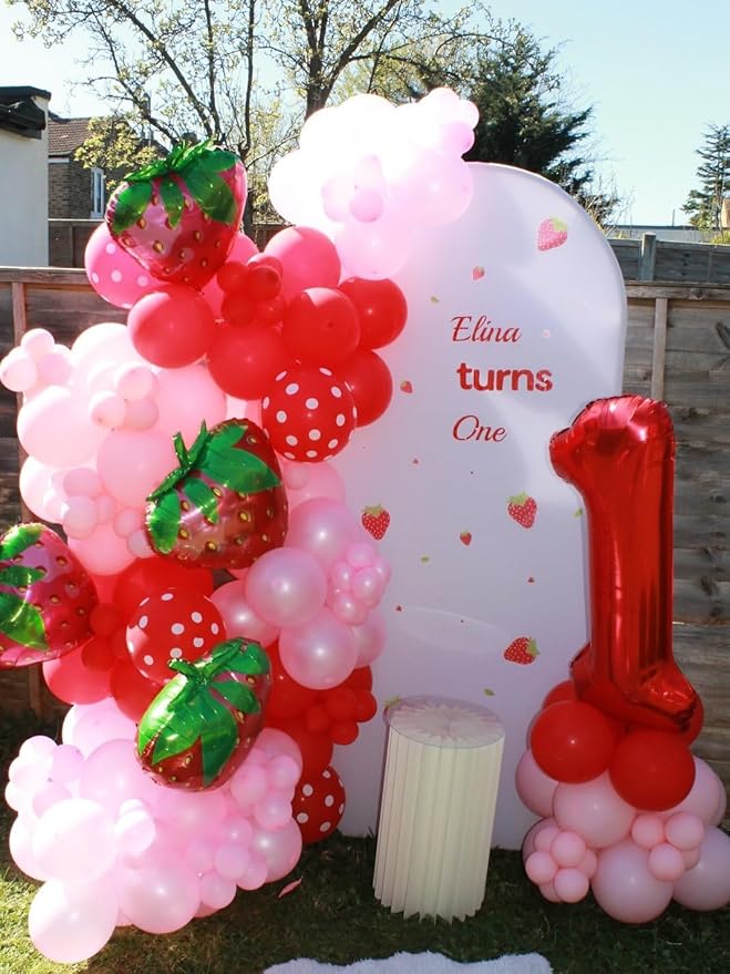Strawberry Balloons Garland Arch Kit -Berry First Birthday Party Decorations, Number 1 Balloon and Pastel Daisy Balloons for Girls Sweet One Baby Shower Strawberry Themed Decoration
