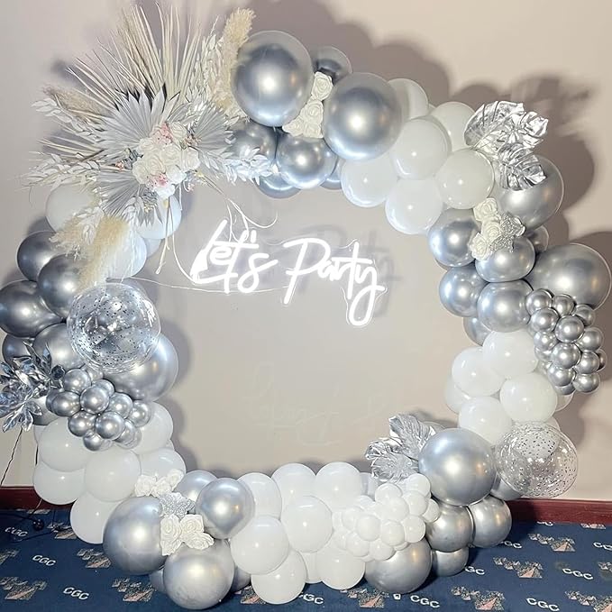 153Pcs White and Silver Balloons Garland Arch Kit with Stars - 22 18 12 10 5 inch Different Size White Metallic Silver Confetti Latex Balloon for Birthday Baby Shower Wedding Party Decorations