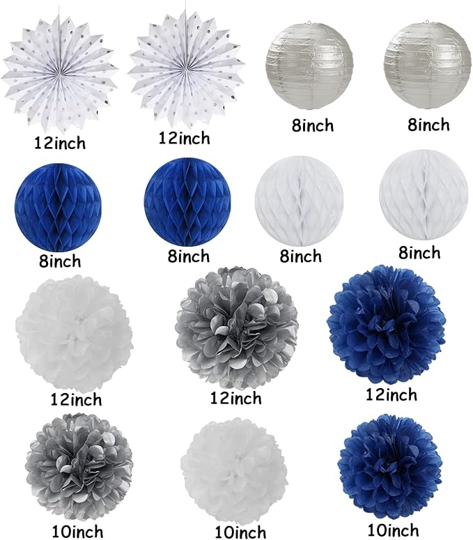 Navy-Blue White Silver Party Decorations - 14pcs Kits Paper Lanterns Fan,Tissue Flower Pom Poms Streamers,Honeycomb Balls,Graduation 2025 Men Birthday Wedding Baby Bridal Shower Decor Lasting Surprise