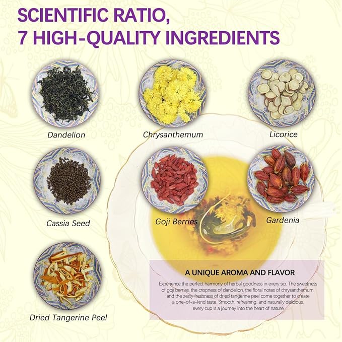 Binkago Dandelion Wolfberry Tea (30 Bags), Natural Kidneys & Liver Health Tea which includes Dandelion leaf, Cassia Seed, Goji Berries, Chrysanthemum, Licorice, Dried Tangerine Peel, and Gardenia
