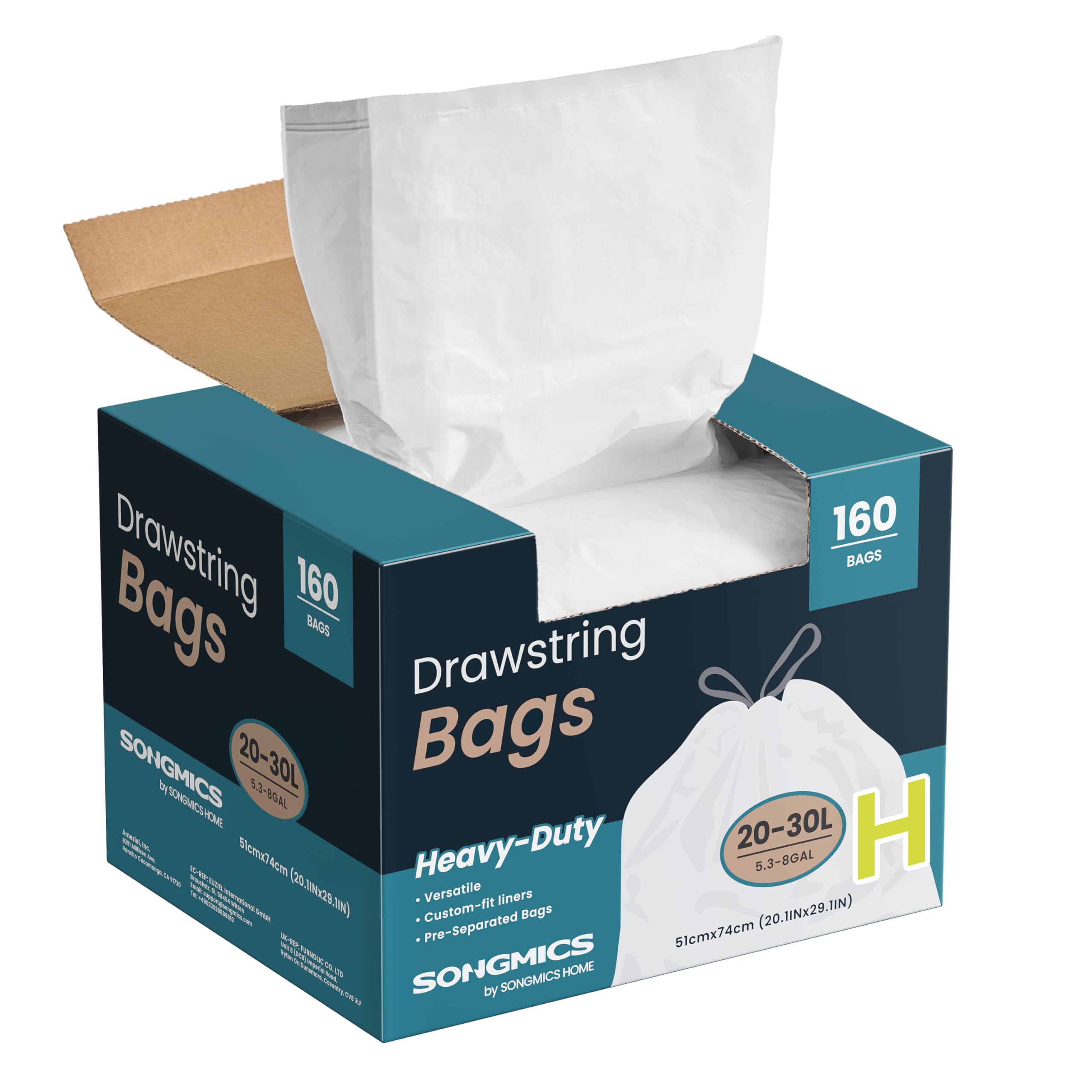 SONGMICS Trash Bags, Drawstring Kitchen Garbage Bags, Pre-Separated, Quick-Dispense Box, for 8-Gallon (30 L) Trash Cans, Liner Code H, 4 Rolls, 160 Count, White UKRB031A04