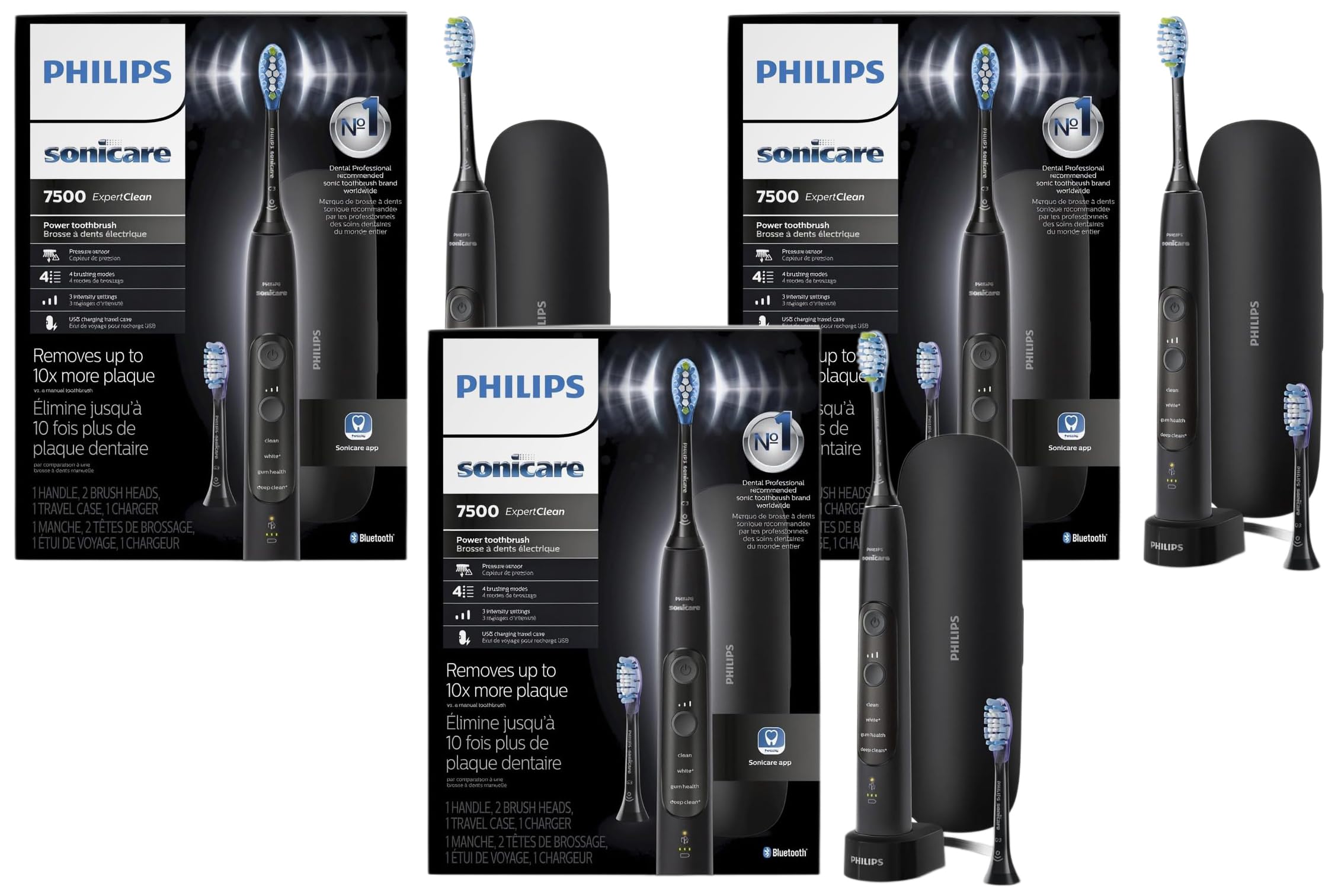 Philips Sonicare ExpertClean 7500 Black, Rechargeable Electric Power Toothbrush, HX9690/05 (Pack of 3)