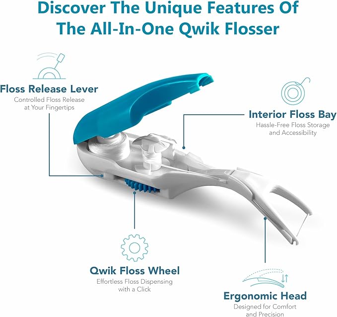 QWIK Automatic Dental Flosser | Click-to-Use, Reusable & Refillable | Pre-Loaded Floss with Travel Cover | Easy Flossing for Plaque Removal, Clean Teeth & Fresh Breath (Light Blue)
