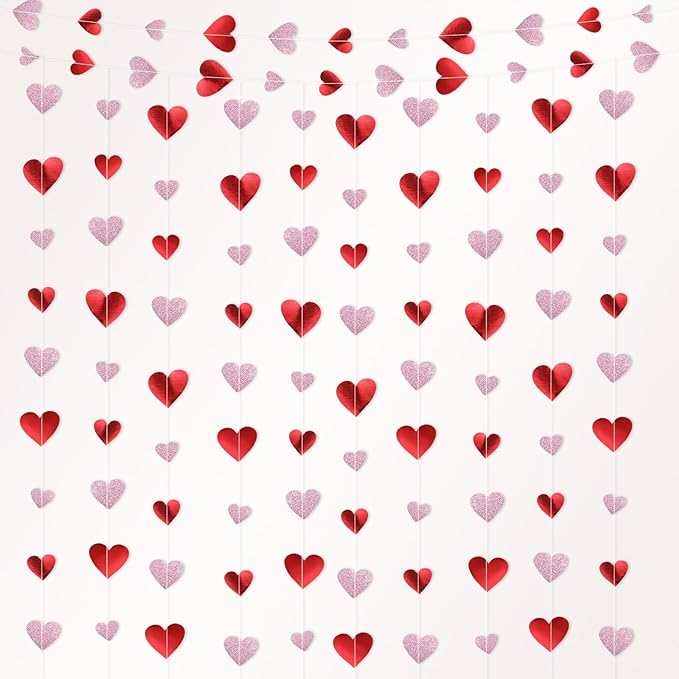 10 Pack 130ft Red, Glitter Pink Heart Party Garland Asymmetrical Love Hanging Banners for Birthday Wedding Decorations Mothers Day Bachelorette Bridal Shower Engagement