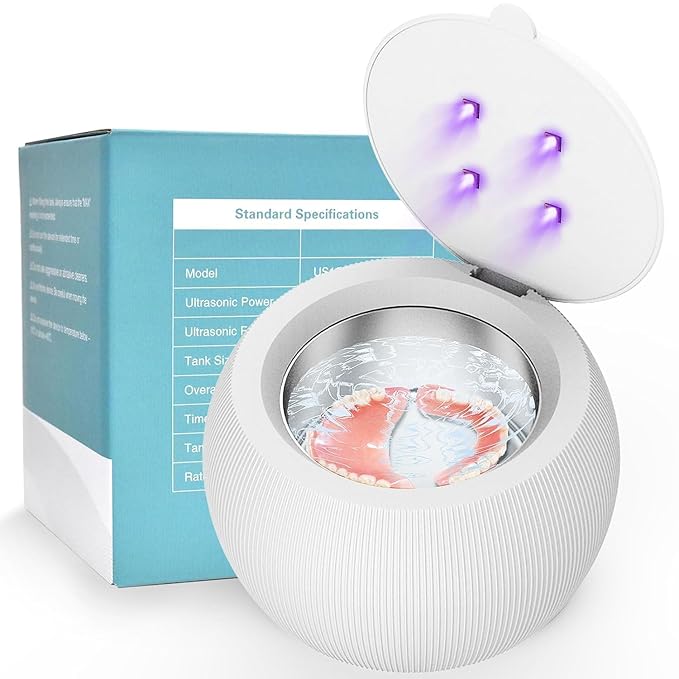 Voraiya Ultrasonic UV Cleaner for Dentures, Aligner, Retainer, Whitening Trays, Night Dental Mouth Guard, Toothbrush Head, Ultrasonic Jewelry Cleaner Machine for all dental Appliances, Diamon (White)