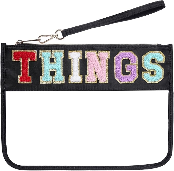 Chenille Letter Bag, Multi-purpose Nylon Clear Makeup Cosmetic Bags Flat Pouches with Zipper for Travel, Gym, Beach (Black-Things)