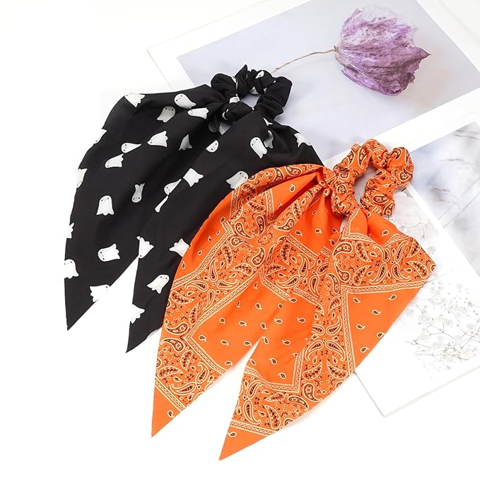 Halloween Hair Ties for Woman Girls Fall Orange Bandana Hair Scrunchies Spooky Ghost Elastic Ribbon Bow Hair Tie Autumn Halloween Party Supplies Hair Accessories 2PCS