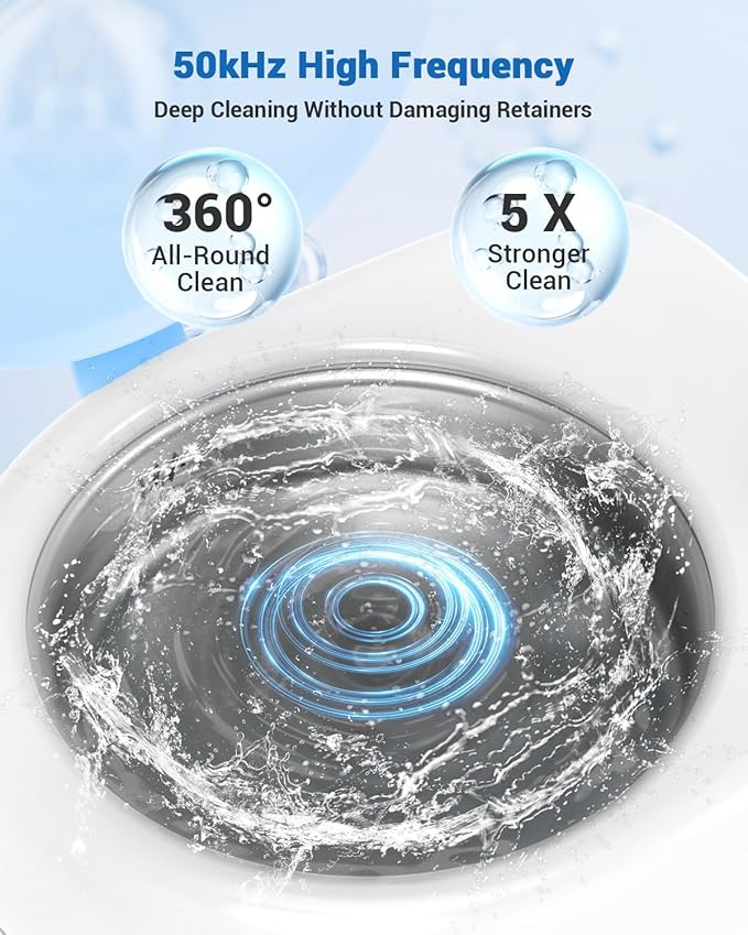 Rechargeable Ultrasonic Retainer Cleaner Machine | 50kHz 1.9 inch Ultra-Thin Portable | Night Guard Aligners Jewelry |6pcs Cleaner Tablets Included | Quick & Deep Clean Modes | Oral Dental Care