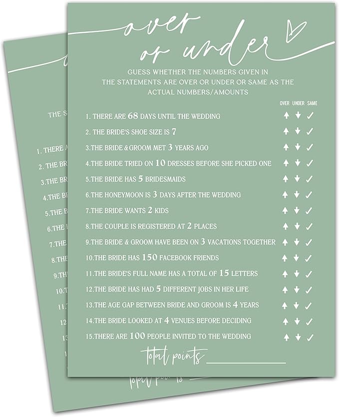 Over or Under Game Cards, Sea Green Bridal Shower Games, 30 Elegant Wedding Game for Bachelorette Engagement Party Reception Supplies - A11