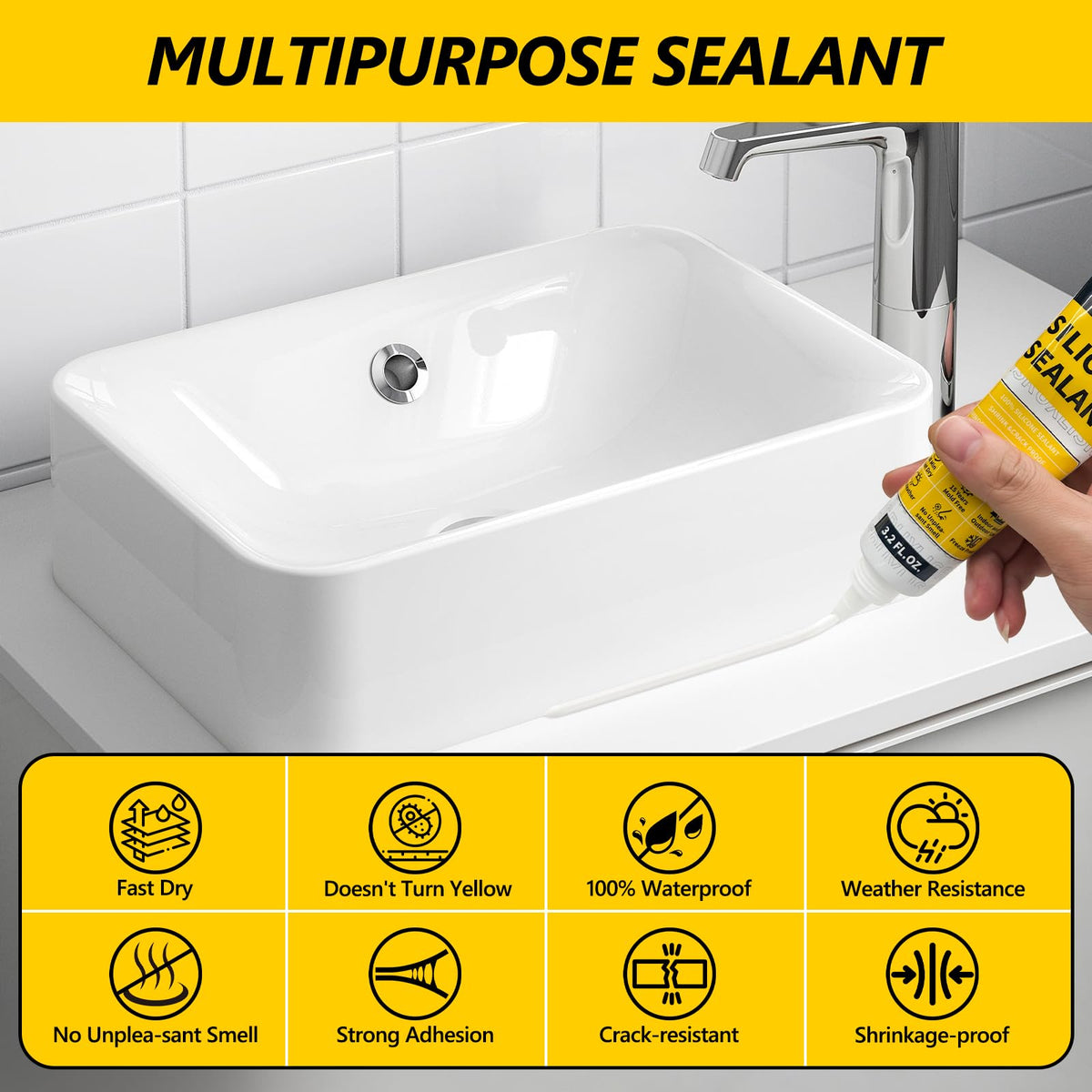 LISRUX Advanced White Silicone Caulk for Kitchen & Bathroom - 6 Pack (3.2 Fl Oz Each) | 100% Waterproof Silicone Sealant | Super Strong Adhesion, Shrink & Crack Proof