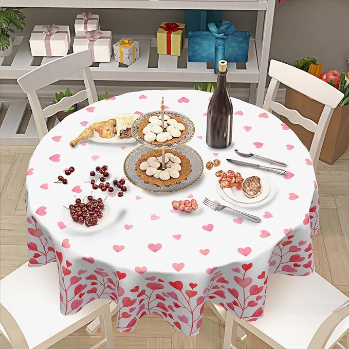 Valentine's Day Round Tablecloth 70 Inch Heart Pattern Circle Table Cloth Pink and White Table Cover Washable Polyester Indoor Decorations for Home Kitchen Dinning Party