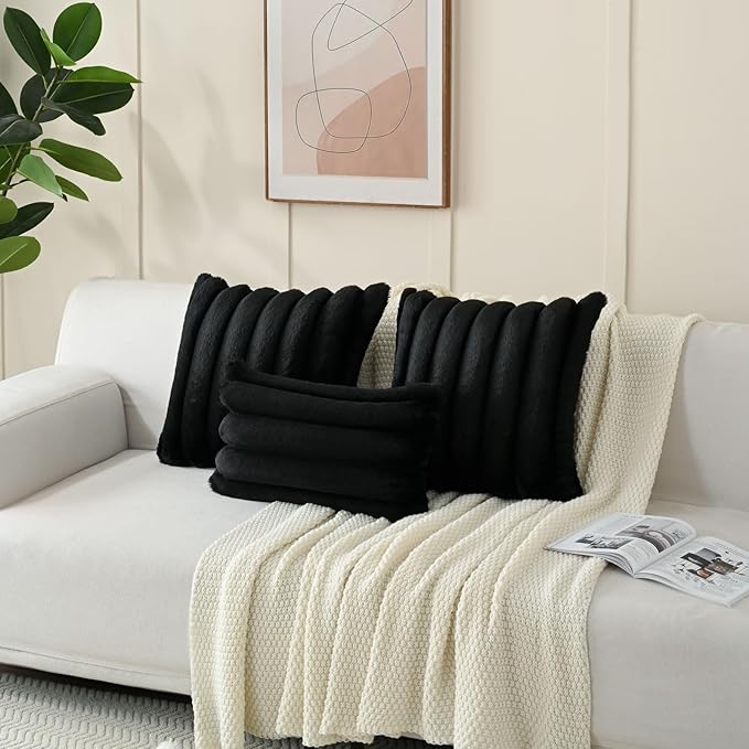 FUTEI Black Decorative Throw Pillow Covers 16x16 Inch Set of 2, Square Soft Faux Rabbit Fur Thick Striped Cushion Cover,Winter Home Decor for Couch Bed Living Room