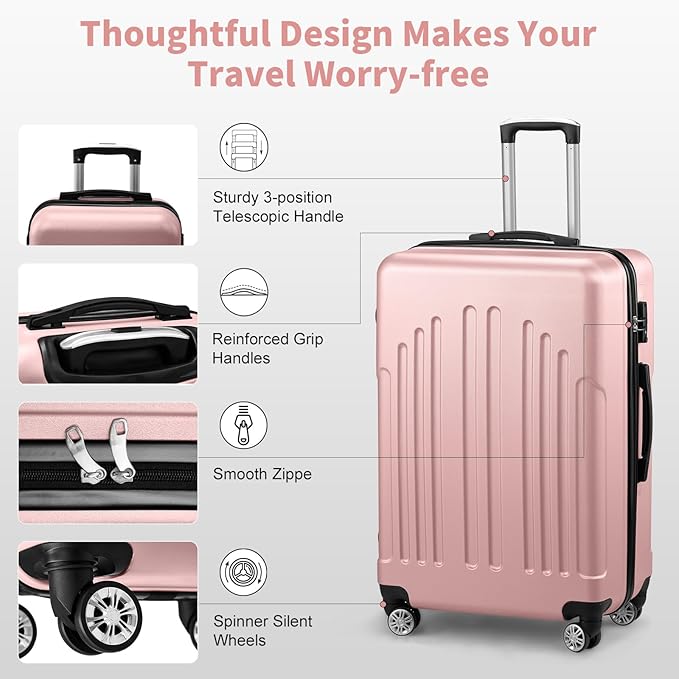 Karl home Luggage Sets 3 Piece, ABS Hardside Suitcase Set with Double Spinner Wheels & TSA Lock for Travel Business, 3-Piece Set (20/24/28), Light Pink